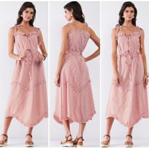 LAST ONE❗HWA Boho Chic Coral Pinstripes Midi Dress